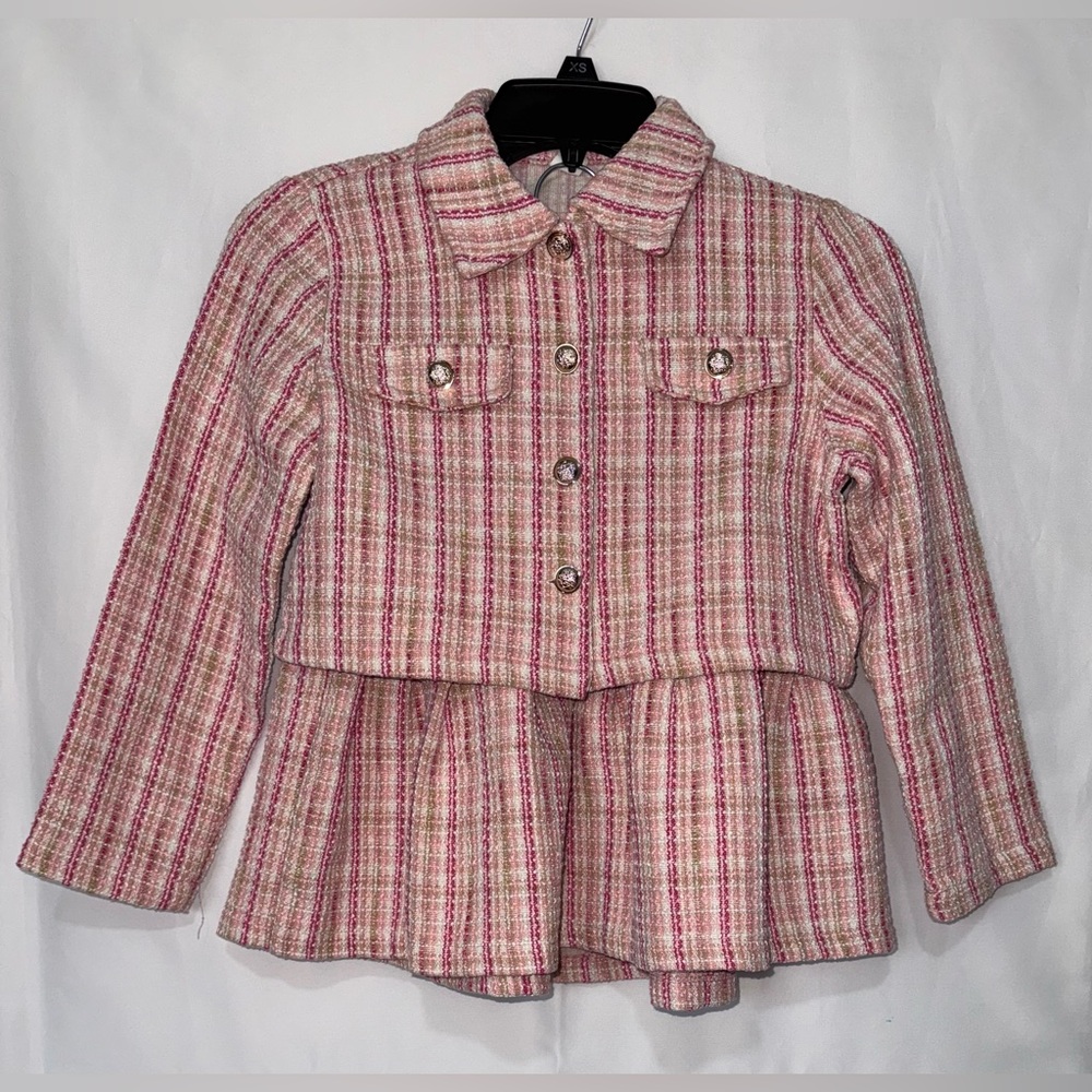 SHEIN Pink and White Plaid Print Tweed Crop Jacket Blazer Skirt . - Picture 2 of 13